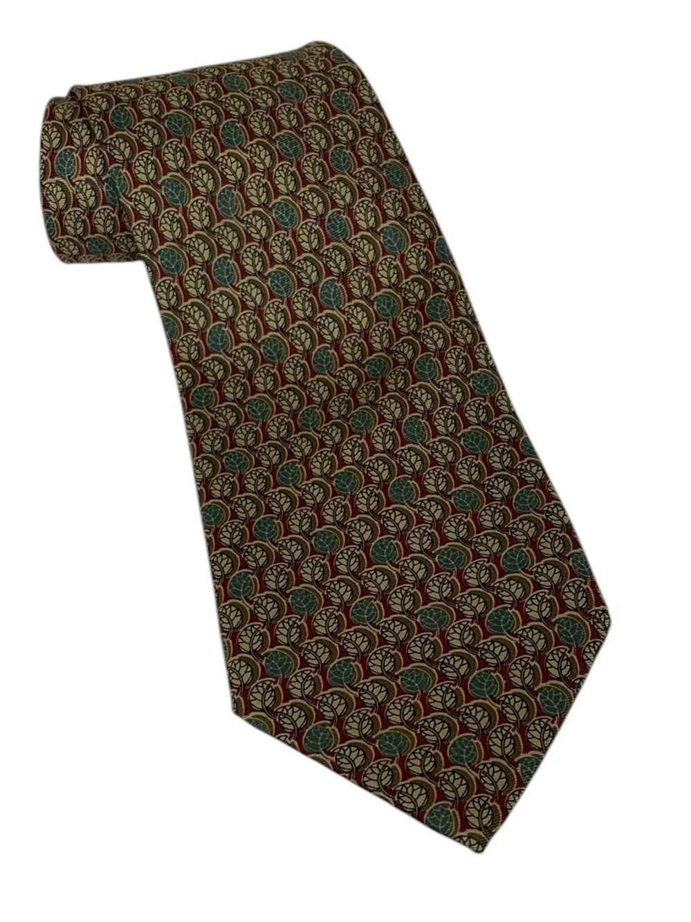 Fendi Vintage Silk Tie Olive Red Gold Geometric Pattern Made in Italy